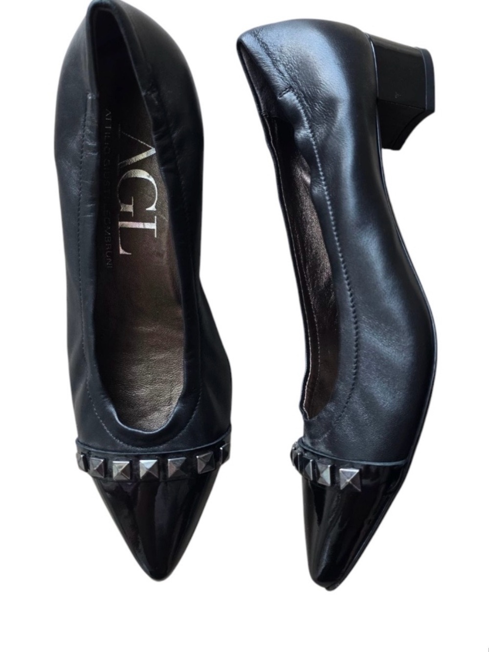 AGL Black Leather Pointed Toe Low Block Heel Flats with Stud Trim